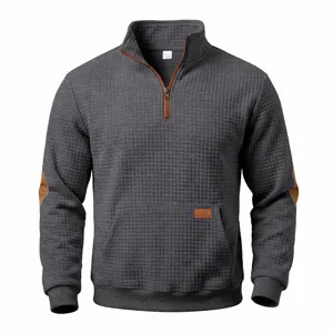 Men's casual retro waffle half zip stand collar sweatshirt with contrast elbow patches and front pocket