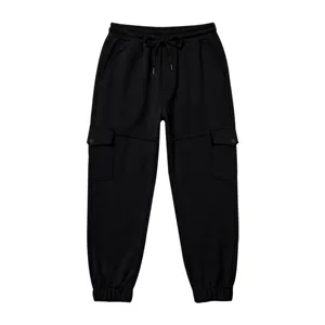 Black fleece-lined cargo sweatpants detail featuring elastic drawstring waist and side utility pockets.