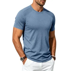 Men's short sleeve crew neck t-shirt with mesh raglan shoulder panel detail for summer fitness.