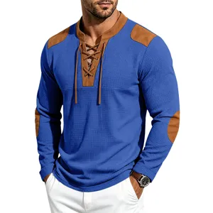 Men's waffle knit long sleeve henry shirt vintage medieval drawstring casual top stylish