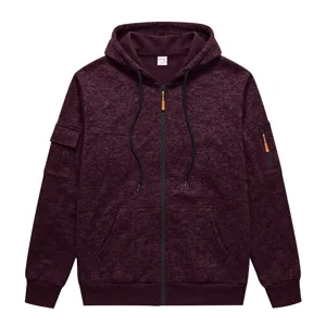 Detailed view of men's fleece-lined zip hoodie in burgundy with tactical multi-pockets.