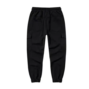 Back detail view of black heavyweight fleece-lined cargo sweatpants with pockets.