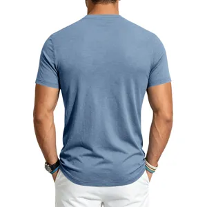 Back view detail of mens heather blue short sleeve crewneck t-shirt casual workout top