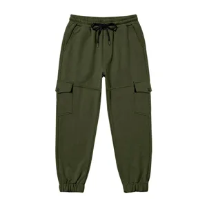 Detailed view of dark green fleece-lined men's cargo sweatpants with elastic cuffs and pockets.