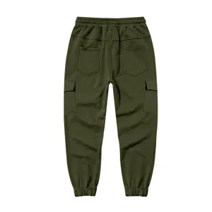Men's fleece cargo sweatpants, casual green sports joggers with pockets and elastic cuffs.