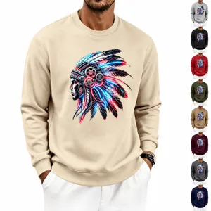 Men's Casual Crew Neck Sweatshirt Long Sleeve Loose Fit Plus Velvet Pullover Streetwear Indian Graphic Print Top