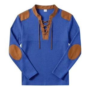 Blue waffle knit long sleeve henley shirt with brown suede patches medieval style