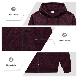 Detailed view of the maroon fleece-lined hoodie showing neckline, pocket, and hem.