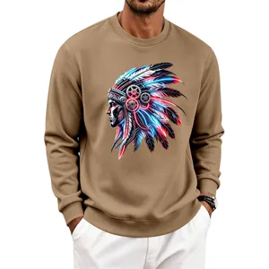 Men cyber indian graphic fleece lined crewneck sweatshirt casual street style top