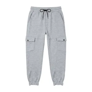 Grey fleece-lined cargo sweatpants detail, casual drawstring trousers with side pockets.