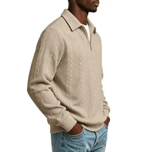 Heren casual half-zip kabelgebreide polo sweatshirt in kaki, gedetailleerd weergave.
