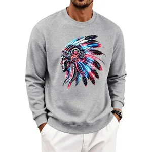 Men's fleece-lined crewneck sweatshirt in grey featuring a stylish cyberpunk Indian graphic print.