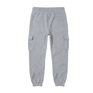 Back detail view of men's grey fleece-lined cargo sweatpants with utility pockets and elastic cuffs.