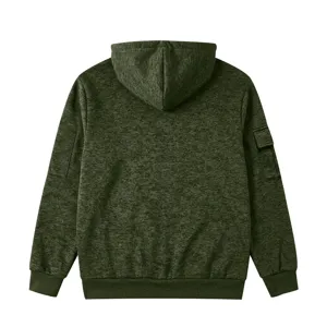 Back view details of army green fleece hoodie showcasing sleeve pocket and hood design.