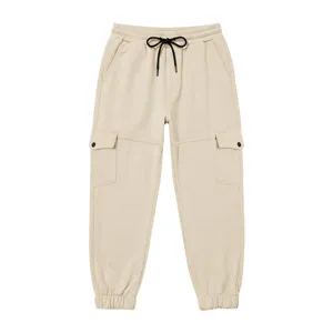 Beige fleece-lined cargo sweatpants detail, men's casual winter pants with drawstring.