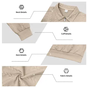 Heren lang arm zip polo sweatshirt met kabelbreisel textuur en geribbelde zoomdetails.