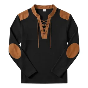 Men's Casual Waffle Knit Long Sleeve Henley Shirt with Vintage Medieval Drawstring