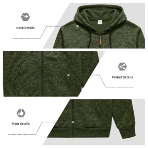Detail view of men's dark green fleece-lined zip hoodie showing collar, pocket, and hem.