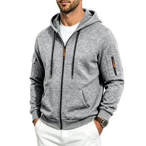 Men's grey marled zip-up hoodie featuring a hood, long sleeves, and utility sleeve pockets.
