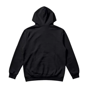 Rückseite Detail des schwarzen lässigen Hoodies mit weichem Stoff und bequemer Passform.