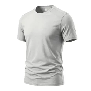Detailansicht des atmungsaktiven Mesh-Schultereinsatzes und Rundhalsausschnitts am grauen T-Shirt.