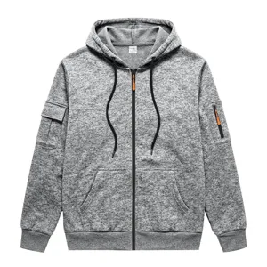 Men's grey fleece zip-up hoodie casual workwear hooded sweatshirt with utility pockets