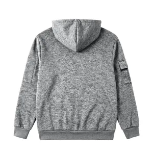 Detailed back view of men's fleece-lined casual loose hoodie with sleeve utility pocket.