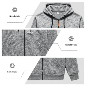 Men's casual loose fit zip-up hooded sweatshirt gray fleece winter outerwear style detail.