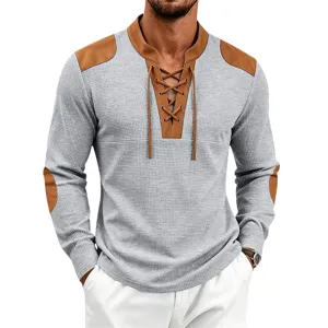 Men's waffle knit long sleeve shirt with brown patch details, lace-up V-neck and casual style.