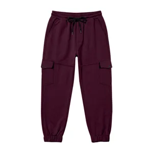 Detailed view of dark red men's fleece cargo sweatpants featuring elastic cuffs and pockets.