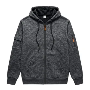 Men's fleece lined zip hoodie sleeve pocket detail in dark grey heather casual wear
