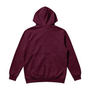 Rückansicht Detail eines einfarbigen Herren Kapuzenpullovers in Bordeaux mit Rippbündchen.