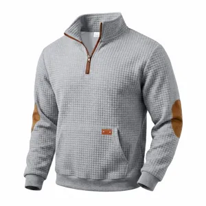 Men's waffle knit quarter zip pullover sweatshirt with contrast elbow patches casual top