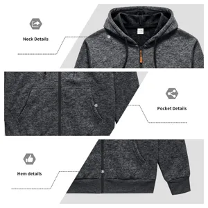 Detailed view of the dark grey fleece-lined hooded sweatshirt showing neck collar and zipper.