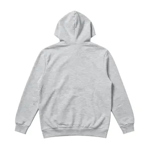 Rückseitige Detailansicht des lässigen grauen Hoodies mit Struktur und Kapuzendesign.