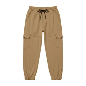 Detail view of khaki fleece-lined cargo sweatpants with elastic cuffs and pockets.