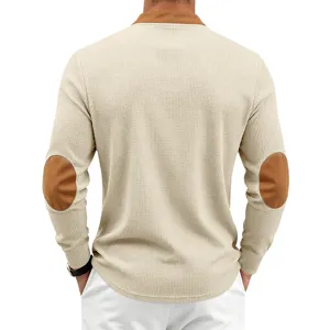 Back detail view of men's waffle knit long sleeve shirt featuring contrast elbow patches.