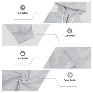 Nahaufnahmen von grauem Hoodie mit Halbreißverschluss, gerippten Bündchen und Stoff.