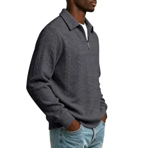 Heren zware gebreide trui met lange mouwen halve rits polo casual top grijs model