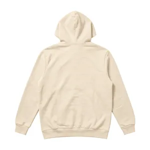 Detaillierte Rückansicht eines schlichten beigen Herren Kapuzenpullovers im Basic-Stil.