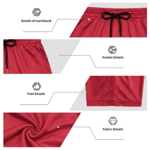 Detailed view of red athletic shorts highlighting elastic waistband, deep pockets, and breathable fabric.