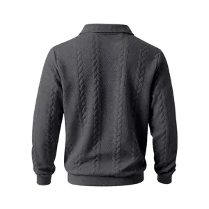 Heren donkergrijze lange mouw gebreide polo trui casual effen kleur pullover top
