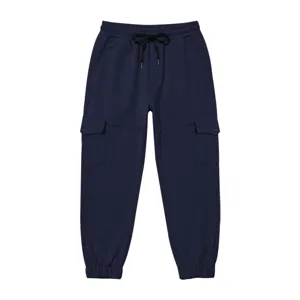 Detailed view of dark blue fleece cargo sweatpants showing side pocket design and elastic cuffs.