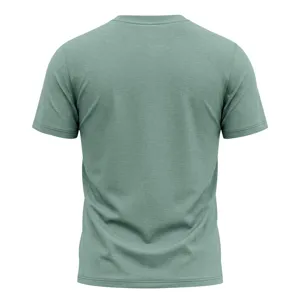 Detaillierte Rückansicht des einfarbigen, kurzärmligen Herstellers T-Shirts in Salbeigrün.