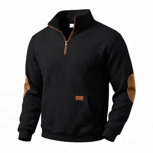 Men's casual quarter zip stand collar sweatshirt waffle knit pullover with elbow patches.