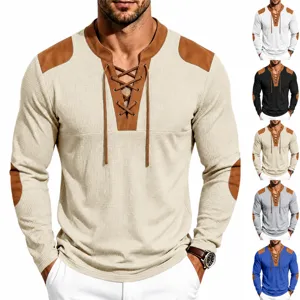 Men's Casual Waffle Knit Long Sleeve Henley Shirt V Neck Drawstring Loose Fit Fall Tee Pullover With Contrast Patchwork