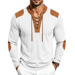 Men's waffle knit retro lace-up long sleeve casual henley shirt with brown patches.
