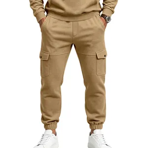 Men's casual fleece-lined cargo sweatpants in khaki, perfect for autumn comfort and streetwear style.
