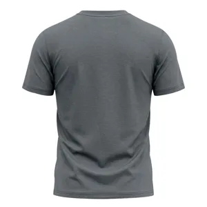 Detailansicht der Rückseite eines schlichten dunkelgrauen Herren Kurzarm T-Shirts.