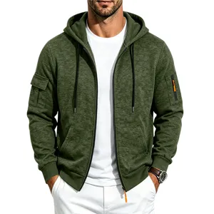Men's heavy fleece lined zip up hooded sweatshirt cargo style jacket main front view